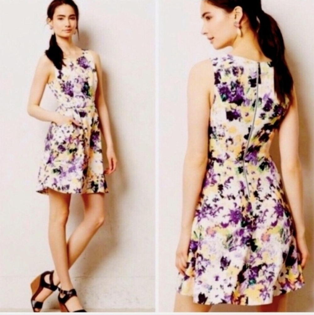Anthropologie Maeve Neon Watercolor Floral Fit And Flare Dress, Size 0 Petite